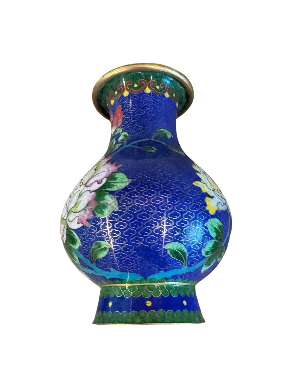 Vintage Chinese Cloisonné Vase Blue Enamel Floral Brass 6 Inch Decorative